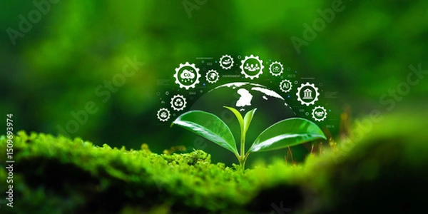 Fototapeta ESG concepts, environmental, social and governance tree planting in sustainable and ethical business operations and net zero carbon technology, global sustainable environmental organization