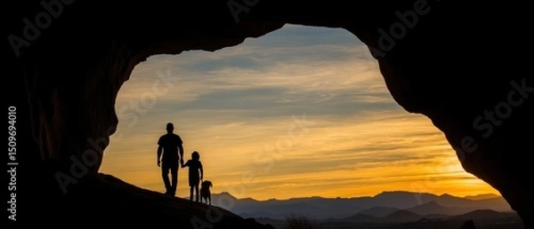 Obraz A parent and child stand at the entrance of a cave, looking out at a colorful sunset over distant mountains.