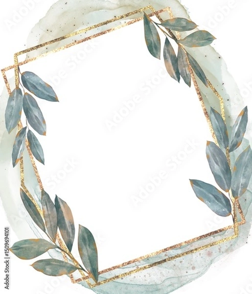 Fototapeta Elegant frame of thin golden lines and green laurel leaves on soft mint watercolor spot hand painted composition for wedding design invitations branding and natural decor in botanical style on white