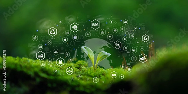Fototapeta ESG concepts, planting trees for the environment, society and governance in sustainable and ethical business operations and net zero carbon emission technologies, global environmental organizations
