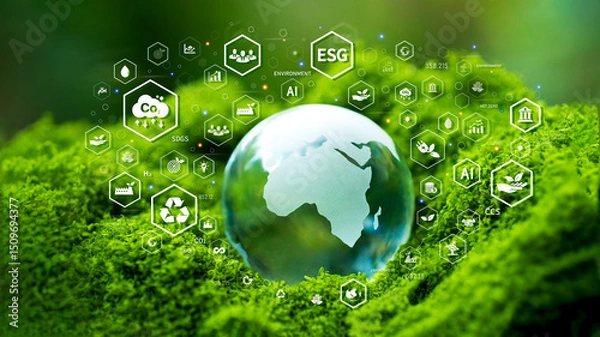 Fototapeta ESG Concept Globe with icons for environment, society and governance in sustainable and ethical business practices and net zero carbon technology Global environmental organization
