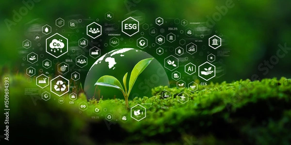 Fototapeta ESG Concepts, Tree Planting for Environment, Society and Governance in Sustainable and Ethical Business Operations and Net Zero Carbon Emission Technology, Environmental Organizations, Sustainable Dev