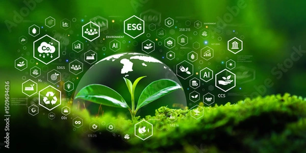 Fototapeta ESG Concepts, Tree Planting for Environment, Society and Governance in Sustainable and Ethical Business Operations and Net Zero Carbon Emission Technology, Environmental Organizations, Sustainable Dev