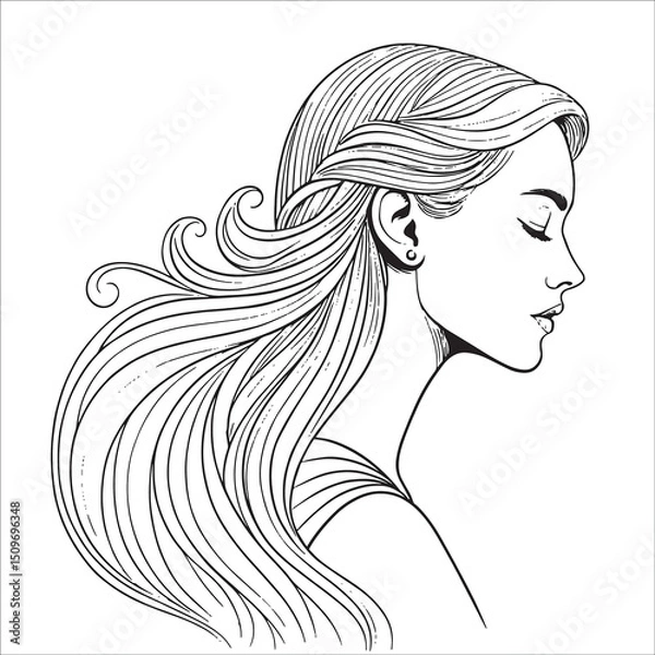 Fototapeta Female profile line art with flowing hair, simple and modern outline for artwork or design use