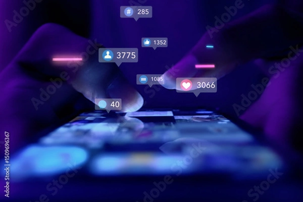 Fototapeta marketing, business, technology, social media, like, media, scrolling, social, social network, application, communication, cyberspace, icon, follow, message, online, background, concept, viral video