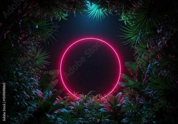 Obraz ネオン円環 熱帯植物 夜光幻想