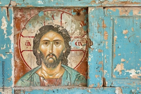 Obraz Jesus icon on weathered wooden panel