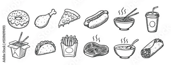 Fototapeta A collection of 16 hand-drawn black-and-white food illustrations in vector style.