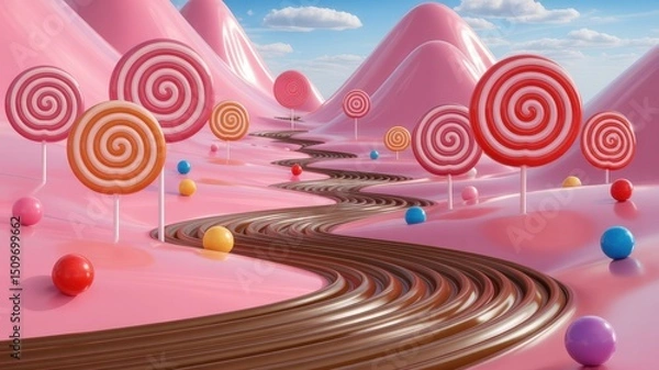 Obraz Whimsical Candyland Dreamscape with Chocolate River and Swirling Lollipop Forests