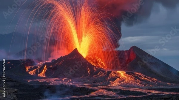 Obraz Volcanic Fury Unleashed: Molten Lava Cascades and Fiery Sparks Illuminate the Darkening Heavens