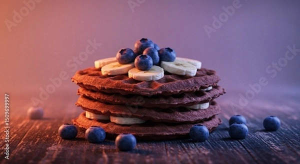 Obraz チョコワッフルバナナブルーベリー 甘く香ばしい焼き菓子