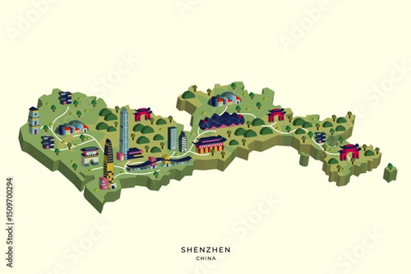 Fototapeta Isometric 3d flat Shenzhen China infographic map design
