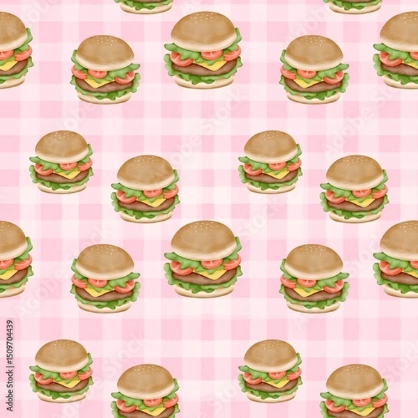 Obraz Seamless pattern with summer picnic and Burger on pastel Pink
