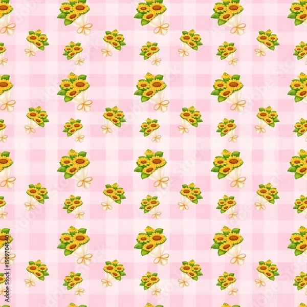 Obraz Seamless pattern with summer picnic and Sunflower Bouquet on pastel Pink