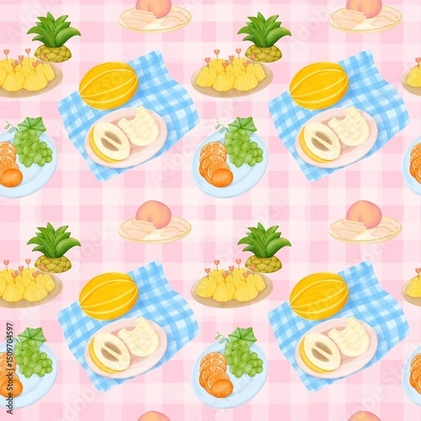 Obraz Seamless pattern with summer picnic and fruit Pineapple, Peach and Korean Melon on pastel Pink