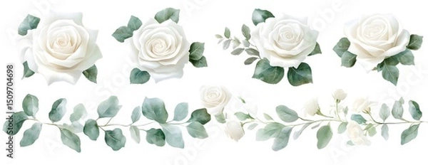 Obraz Watercolor white floral arrangements, isolated on the background, vector illustration, white roses and eucalyptus leaves in different poses, vector watercolor clipart,