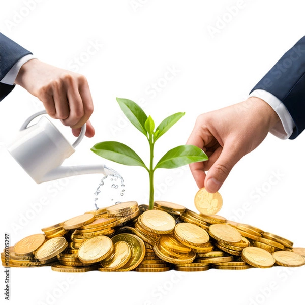 Fototapeta Nurturing Investment Growth Plant Growing from Coins with Hands Watering and Adding Money isolated on transparent Background