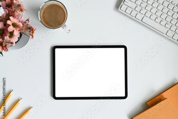 Obraz Top view home office digital tablet hero header template.