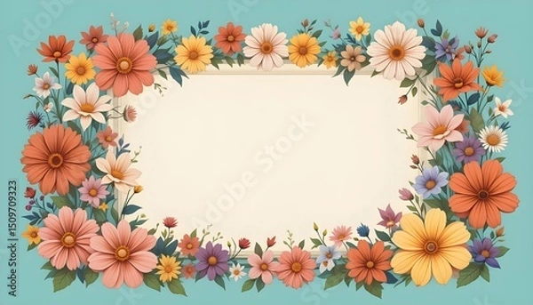 Fototapeta Floral Frame on Teal Background – Landscape Blank Template with Colorful Flowers