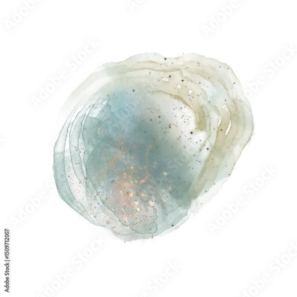 Fototapeta Round watercolor spot in natural green shades with textured inclusions, resembling a semiprecious gemstone. Artistic abstract shape for design, decor, or branding on white background
