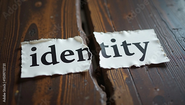 Fototapeta Torn Paper with the Word "Identity" (Broken Text)