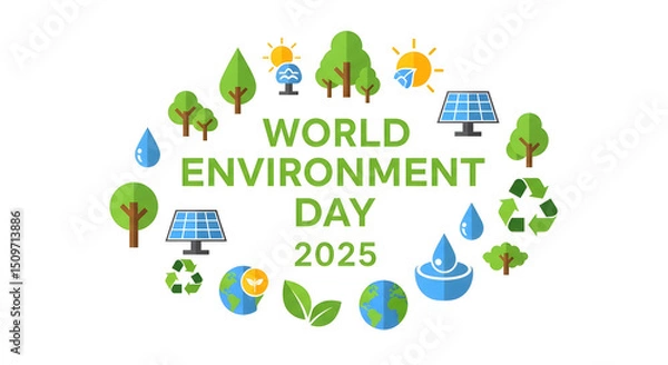 Fototapeta Minimal Poster with Green Typography for World Environment Day 2025 and Eco Icons – Flat Design Banner