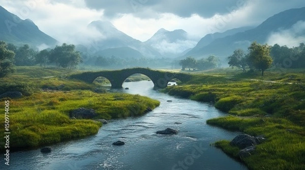 Obraz A small river flowing through a tiny valley with bridges connecting both sides 