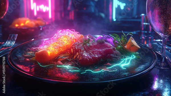 Fototapeta Advanced meal of glowing algae nutrient gels and lab grown meat served on sleek modern plate