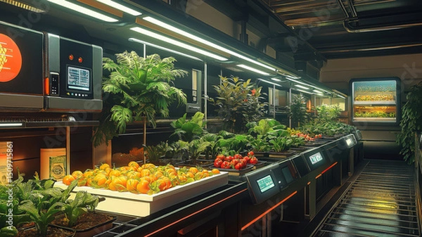 Fototapeta Sustainable food production in a fully automated indoor farm with robotics and IoT sensor technology