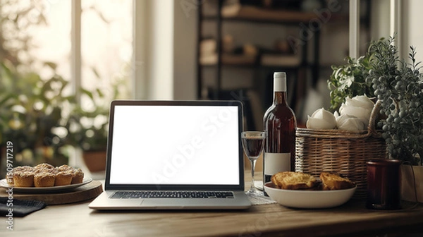 Obraz Stylish room setup with laptop and purim elements like wine bottle glass and sweet pastries