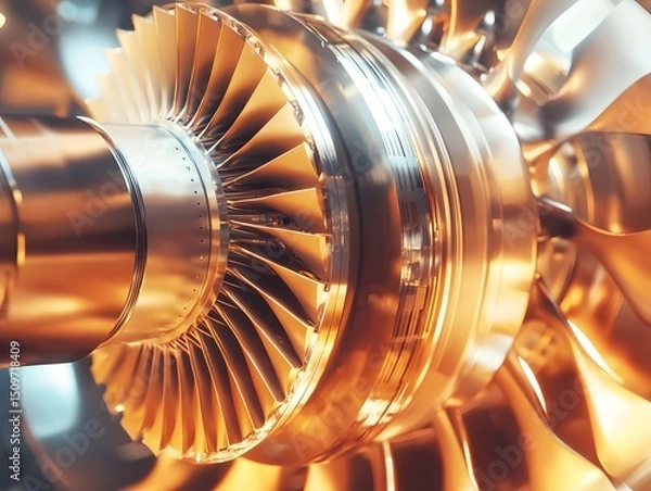 Fototapeta Detailed front view of an aircraft engine showing internal fan structure and polished metal surfaces