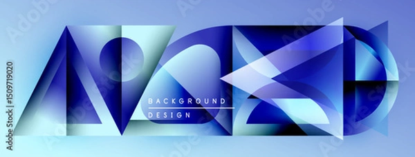 Fototapeta Abstract geometric design. Blue gradients create dynamic shapes, text reads background design. Modern aesthetic, suitable for digital projects.