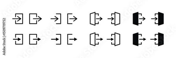 Obraz Vector Icon Set of Login and Logout Buttons, Minimalistic Arrow Symbols, User Interface Elements, Enter Exit Sign, Web App Design, Black Line and Solid Style, High-Quality Vector Illustration