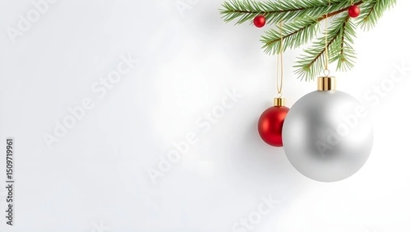 Fototapeta This image displays a festive Christmas scene with silver ornaments, a red bow, pine branches, and red berries against a snowy white background with scattered snowflakes. It evokes a feeling of holida