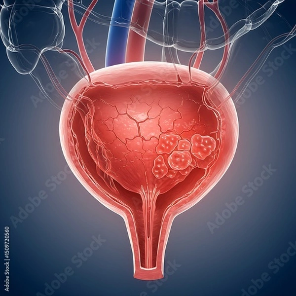 Fototapeta A human bladder filled with inflammation and cracks, symbolizing cystitis or bladder damage.