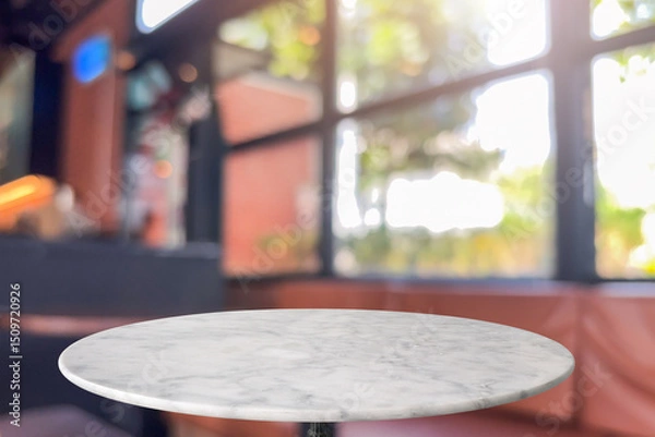 Obraz Round marble table top with blurred kitchen cafe restaurant interior background