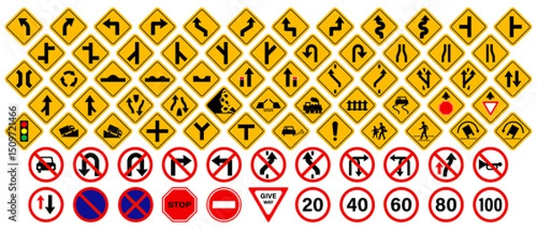 Fototapeta Set of warning traffic and regulatory signs vector. Prohibition and information yellow traffic signs. Road symbols.