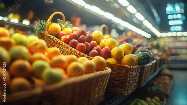 Obraz Fresh vegetables and fruits in baskets at market with glowing network connections throughout