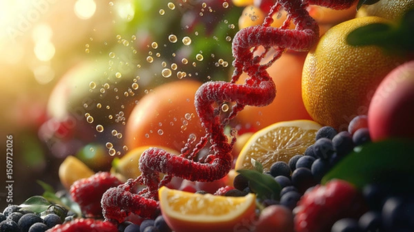 Obraz DNA helix concept integrated with fresh fruits, symbolizing the fusion of biology and nutrition