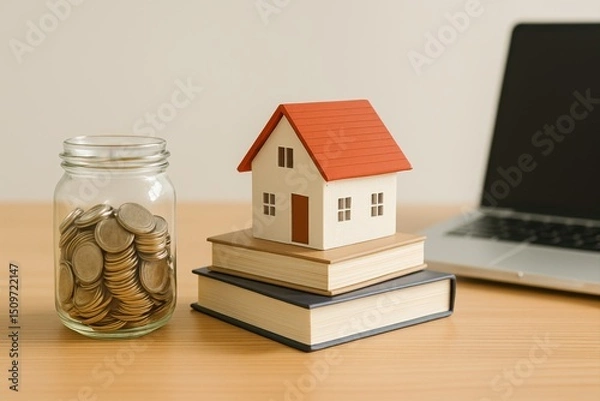 Obraz Financial Planning Concept with Model House, Coin Jar, and Books on Table Next to Laptop for Real Estate Investment and Savings Ideas