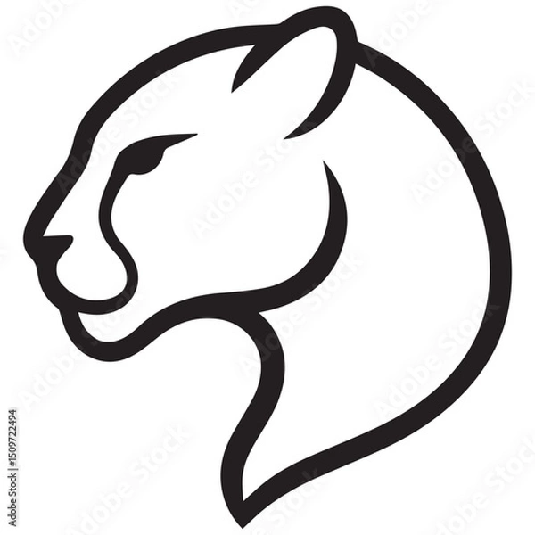Fototapeta Black and white line drawing of a stylized mountain lion head in profile facing left