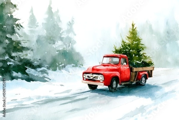 Obraz watercolor illustration of a vintage red truck carrying a Christmas tree in the back, snowy road, winter forest