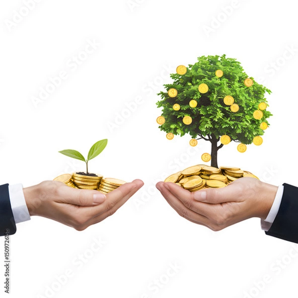 Fototapeta From Seedling to Money Tree  Hands Holding Growing Investment and Wealth isolated on Transparent Background