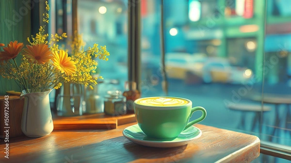 Fototapeta Matcha latte on table surrounded by peaceful cafe ambiance and minimal interior design style