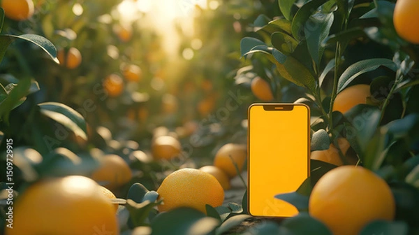 Obraz Citrus orchard with phone mockup and sunlit boxes, representing fresh harvest