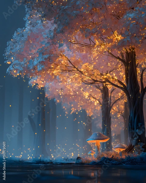Fototapeta Magical forest with glowing mushrooms and autumn foliage.
