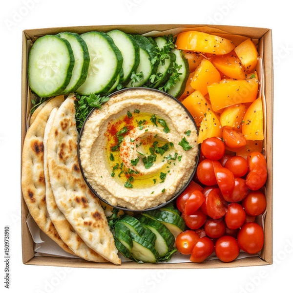 Obraz A fresh meal box featuring hummus, pita bread, cucumbers, yellow tomatoes, and cherry tomatoes.
