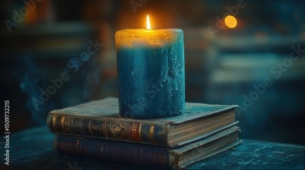 Fototapeta Candle Burning on Stack of Old Books in Cozy Library Setting