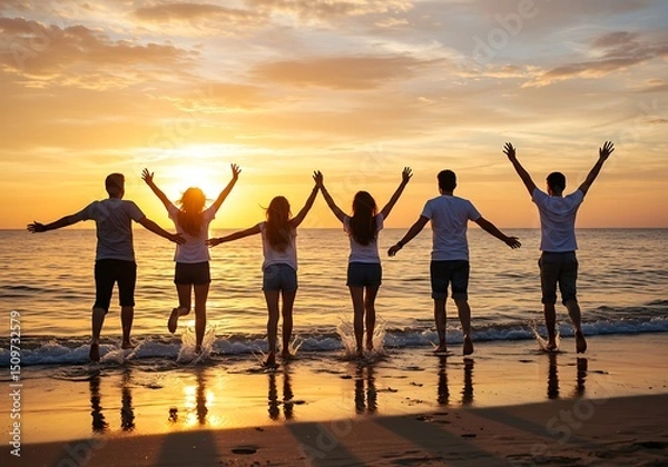 Fototapeta Happy friends running on the beach at sunset. Generative Ai