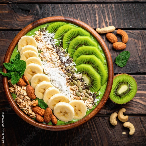 Obraz Plant-Based Smoothie Bowl with Tropical Fruits and Toppings, Rustic Flat Lay